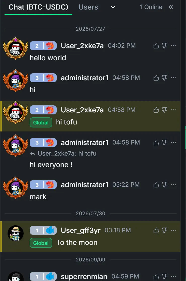 A token room — avatars, level badges, replies, and global messages