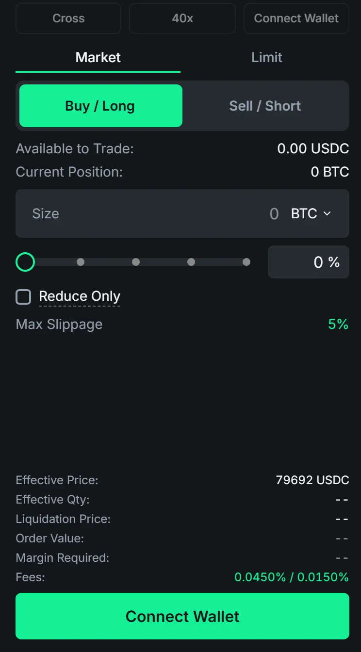 The order form — market/limit tabs, size presets, and slippage control