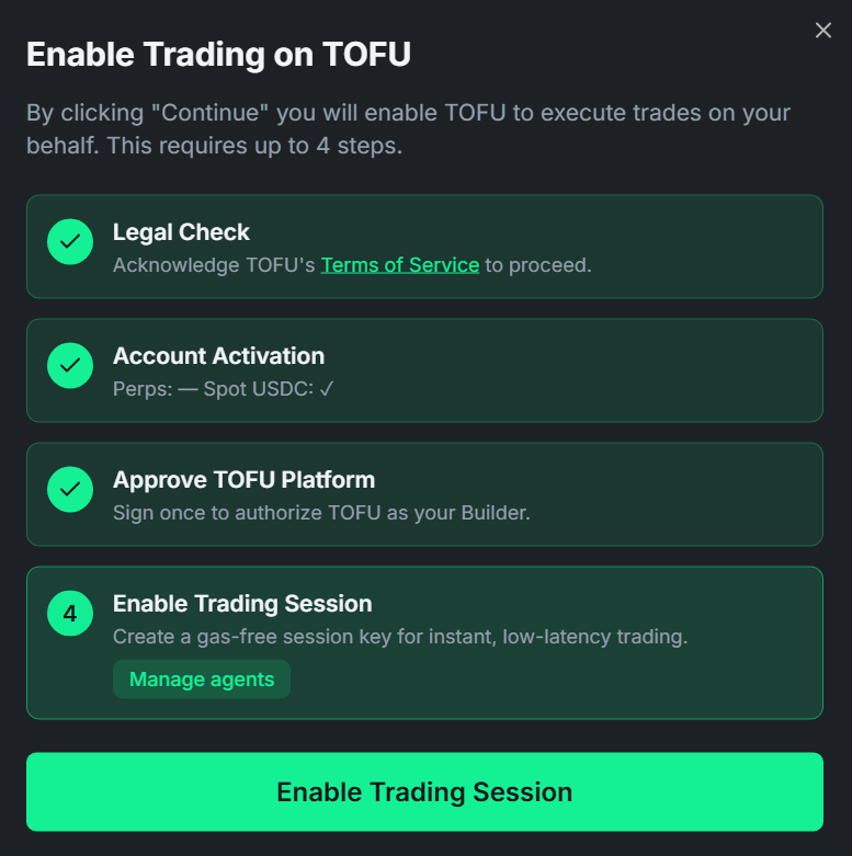 The Enable Trading on TOFU dialog — Legal Check, Account Activation, Approve TOFU Platform, and Enable Trading Session