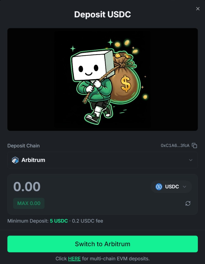 The Deposit USDC dialog — Arbitrum chain, minimum and fee shown up front