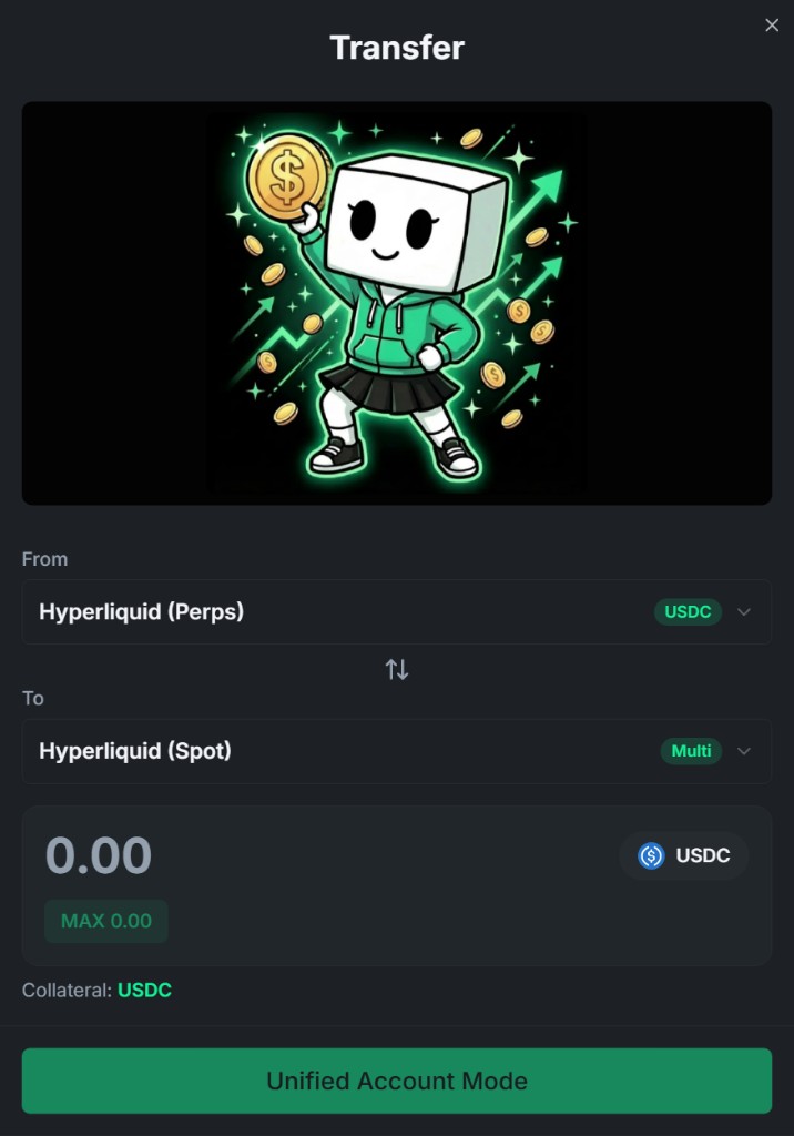 The Transfer dialog — move USDC between Hyperliquid Perps and Spot