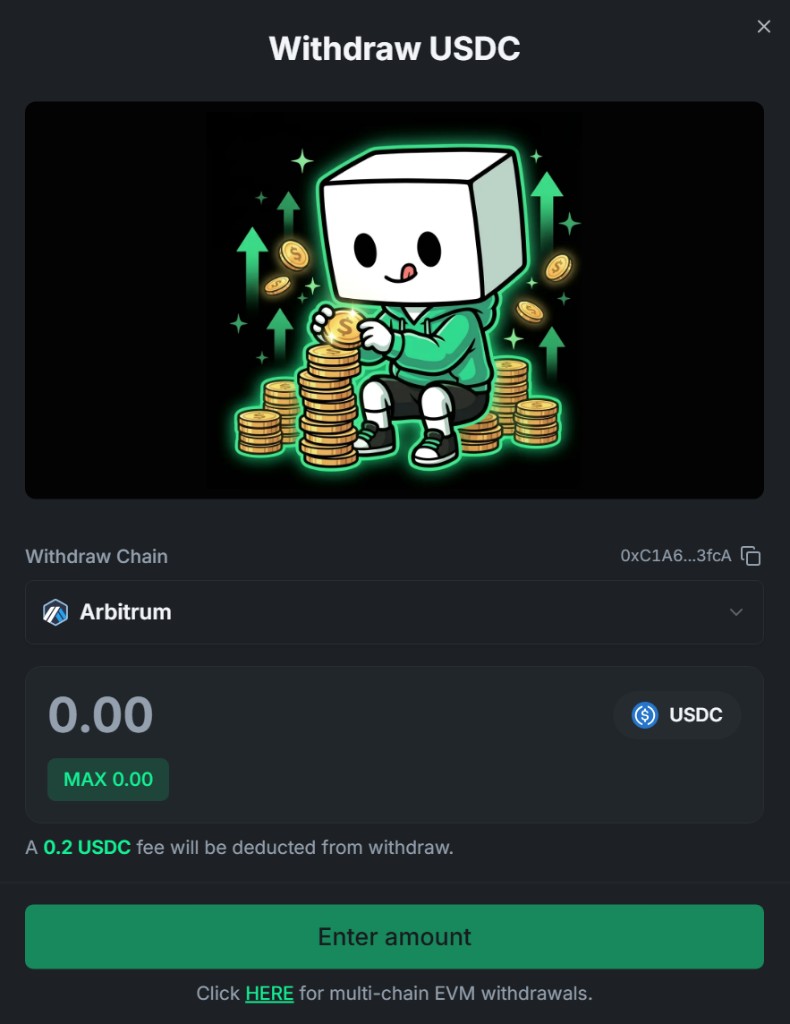 The Withdraw USDC dialog — back to your wallet on Arbitrum