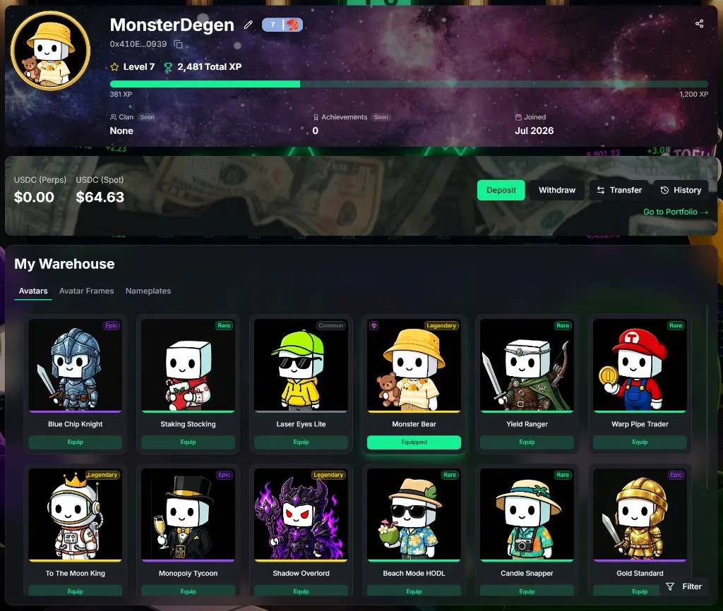 A TOFU profile — level badge, XP bar, and the My Warehouse collection of avatars