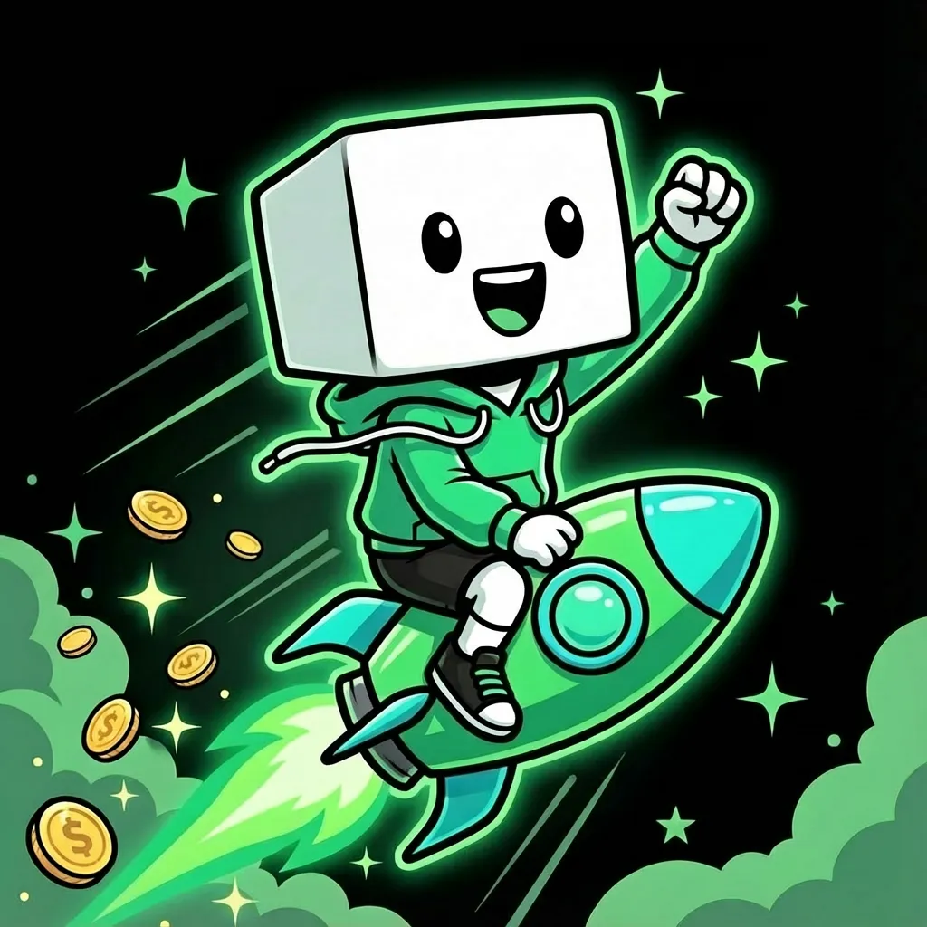 Tofu Man riding a rocket up and to the right